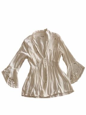 Idyllwind Soft Cream Boho Button-Front Tunic Blouse - Small